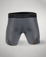 These athletic shorts feature a sleek gray design with a breathable construction and contrasting orange stitching for added style