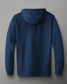 The back view of a navy blue hooded sweatshirt displays a minimalist design with a soft appearance and subtle brand detail against a light gray background.
