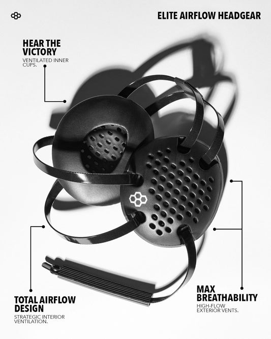 Black airflow headgear with text highlighting features on a white background