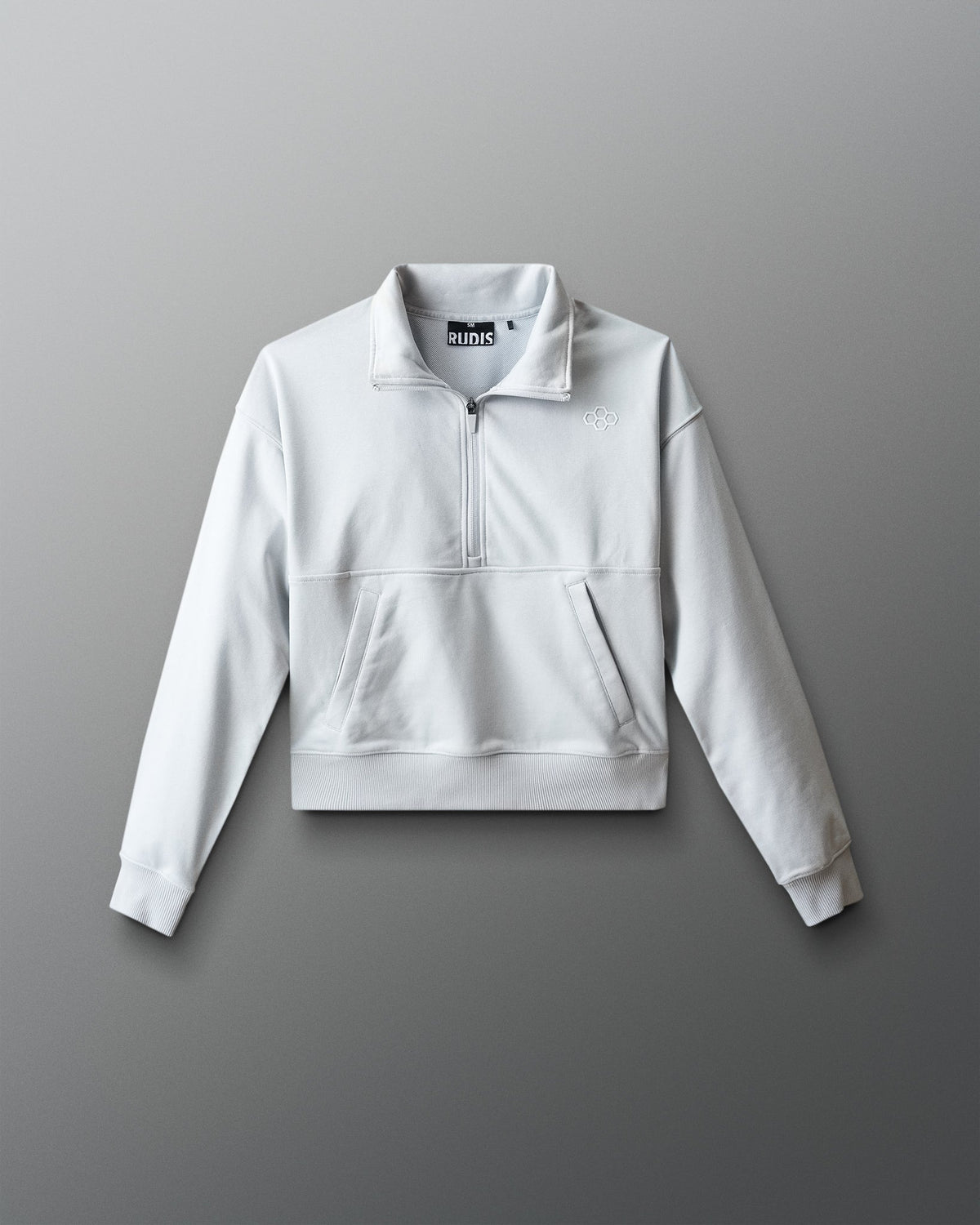 Light gray sweatshirt with a brand logo on a gray background