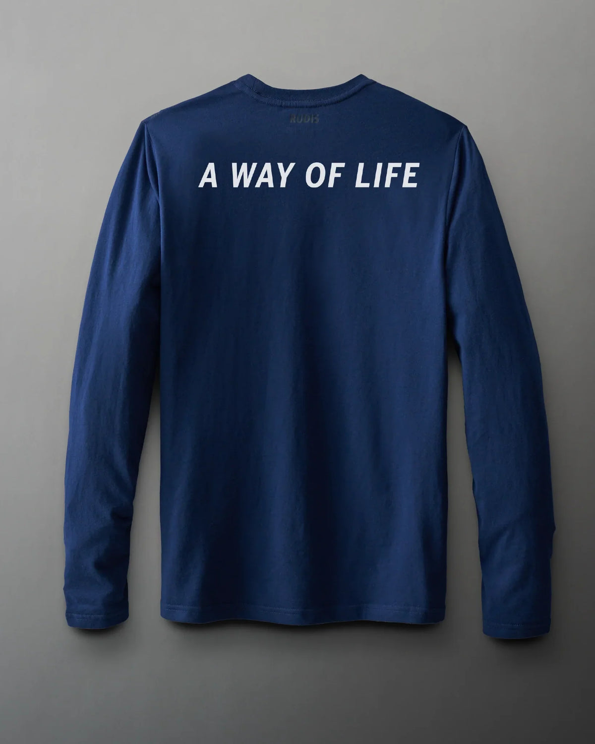 Navy long-sleeve shirt with white lettering 'A WAY OF LIFE' on the back, designed for casual wear.