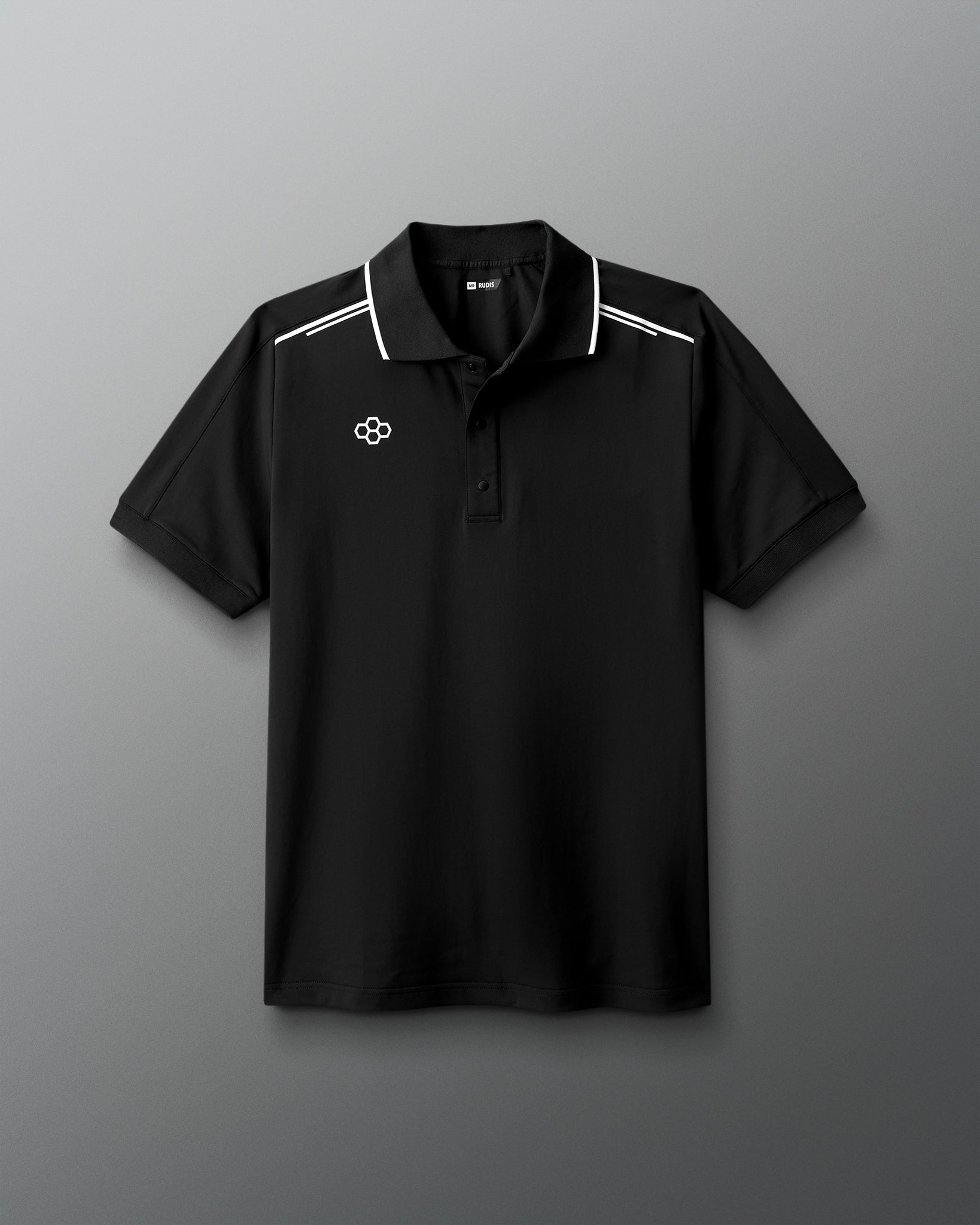 Black polo shirt with a logo on a gray background