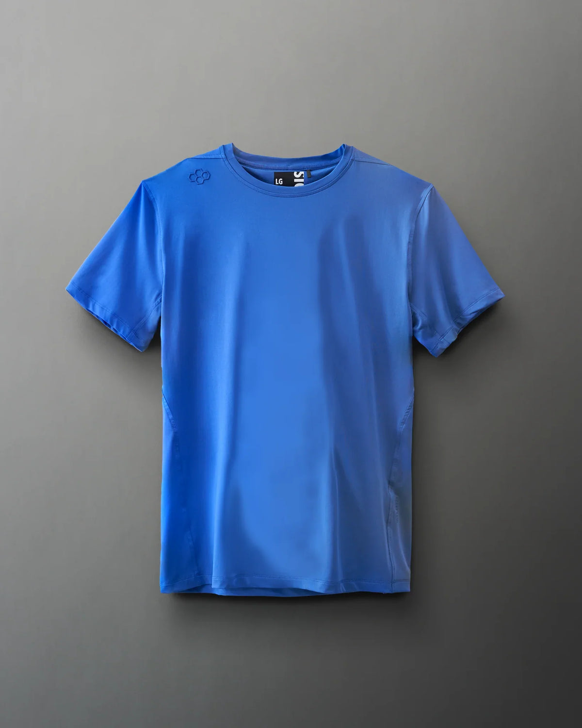 A vibrant blue athletic t-shirt with a round neck and short sleeves, made from smooth, breathable fabric, featuring a logo on the shoulder.
