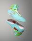 RUDIS Scooby-Doo Colt 4.0 wrestling shoes shown in angled side and outsole views, highlighting turquoise and green uppers, white soles, and orange flower graphics.