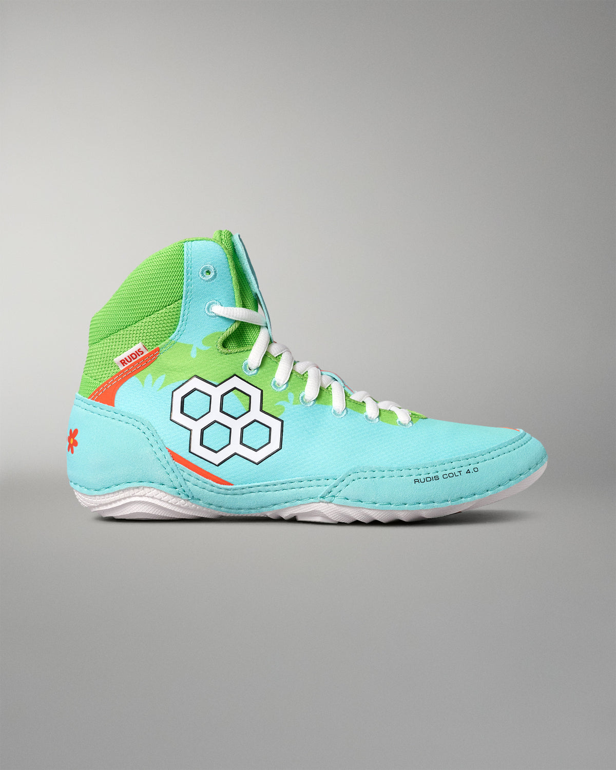Side view of the RUDIS Scooby-Doo Colt 4.0 adult wrestling shoe in Mystery Machine colors, featuring a white RUDIS logo, turquoise upper, green ankle collar, and white laces.