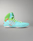 Side view of the RUDIS Scooby-Doo Colt 4.0 adult wrestling shoe in Mystery Machine colors, featuring a white RUDIS logo, turquoise upper, green ankle collar, and white laces.