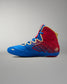 Inner side view of RUDIS Wonder Woman Hildebrandt 2.0 women's wrestling shoe, featuring a red-to-blue gradient, Wonder Woman graphic, blue sole and gold details.