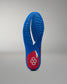 Bottom view of RUDIS Wonder Woman Hildebrandt 2.0 women's wrestling shoe, highlighting the textured blue and red outsole, traction pattern and RUDIS logo.