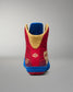 Rear view of RUDIS Wonder Woman Hildebrandt 2.0 women's wrestling shoe, showing the red heel, gold collar lining, RUDIS branding and blue sole.