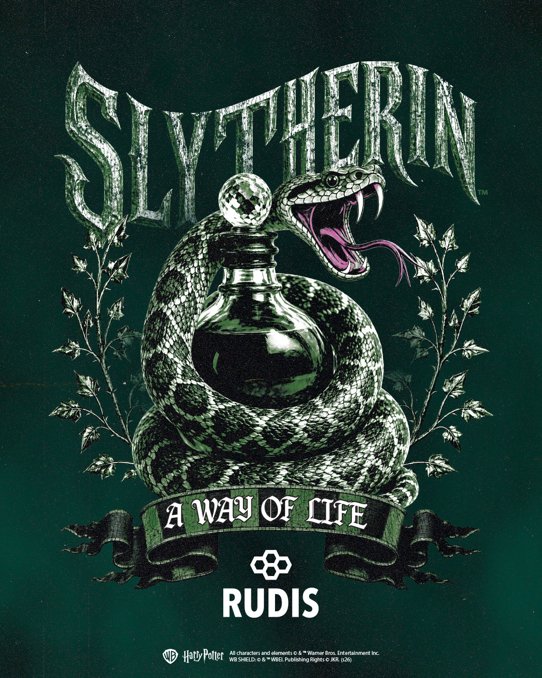 Slytherin logo with snake and potion bottle on a dark green background, featuring the brand 'RUDIS'.