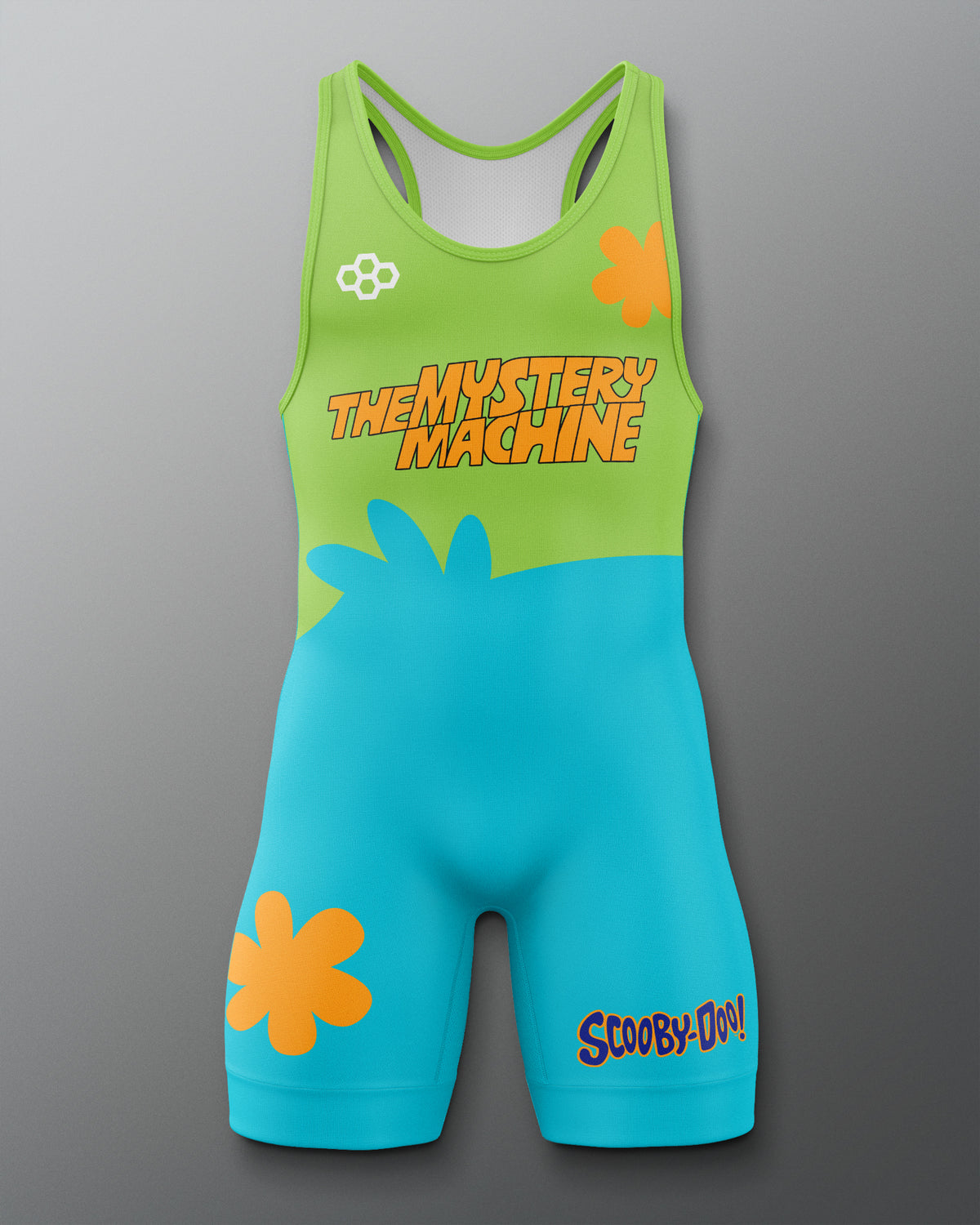 RUDIS Scooby-Doo Mystery Machine Elite 2.0 wrestling singlet front view featuring lime green and turquoise colors, orange flower graphics, Mystery Machine lettering, and Scooby-Doo logo.