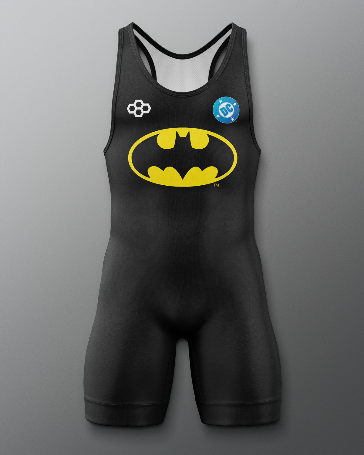 Front view of the black RUDIS Batman Logo Elite 2.0 wrestling singlet featuring the yellow Batman logo, DC emblem, and RUDIS mark.