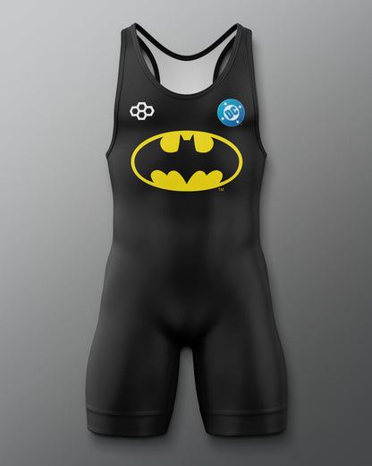 Front view of the black RUDIS Batman Logo Elite 2.0 wrestling singlet featuring the yellow Batman logo, DC emblem, and RUDIS mark.