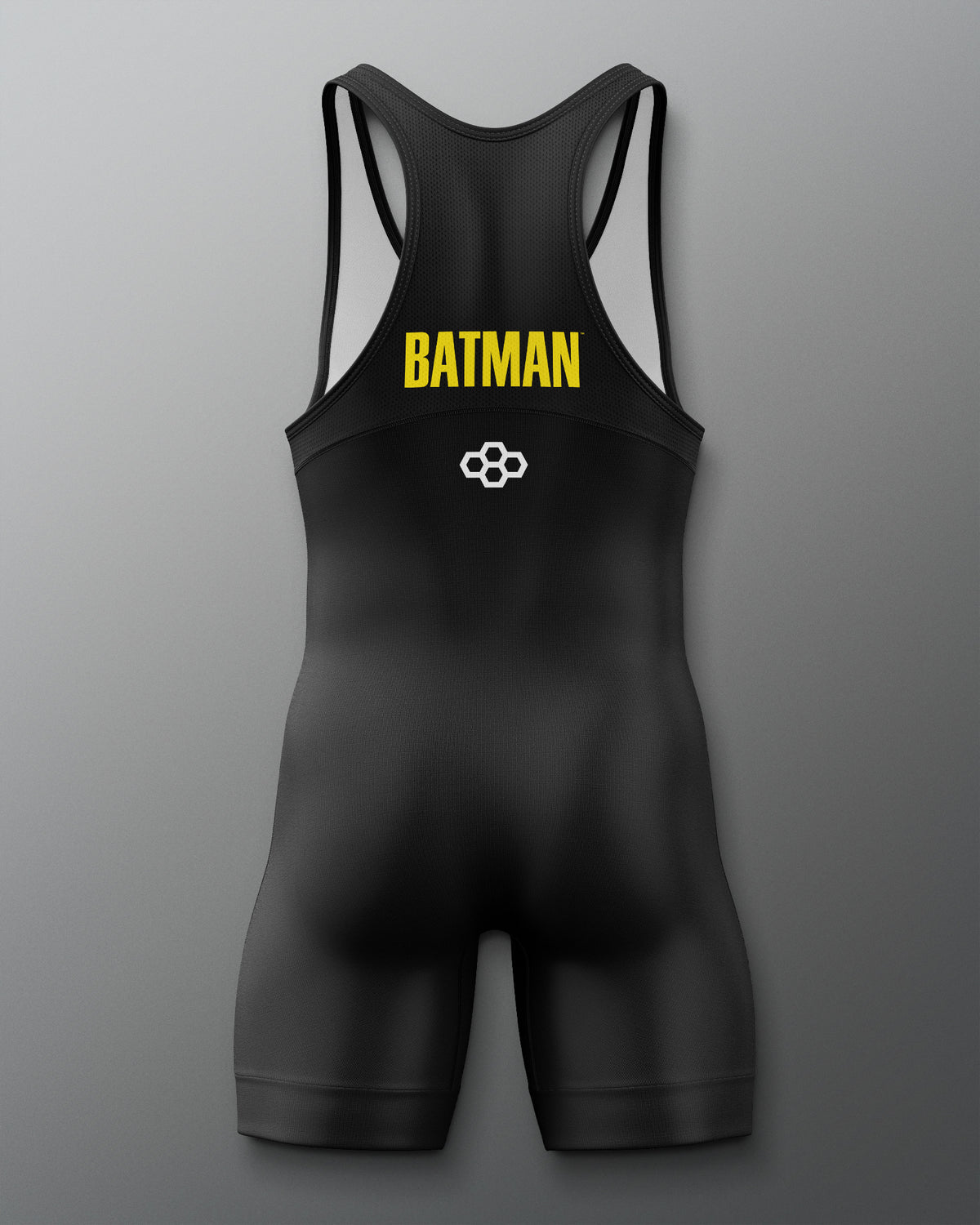 Back view of the black RUDIS Batman Logo Elite 2.0 wrestling singlet featuring yellow Batman lettering and a white RUDIS mark.