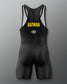 Back view of the black RUDIS Batman Logo Elite 2.0 wrestling singlet featuring yellow Batman lettering and a white RUDIS mark.