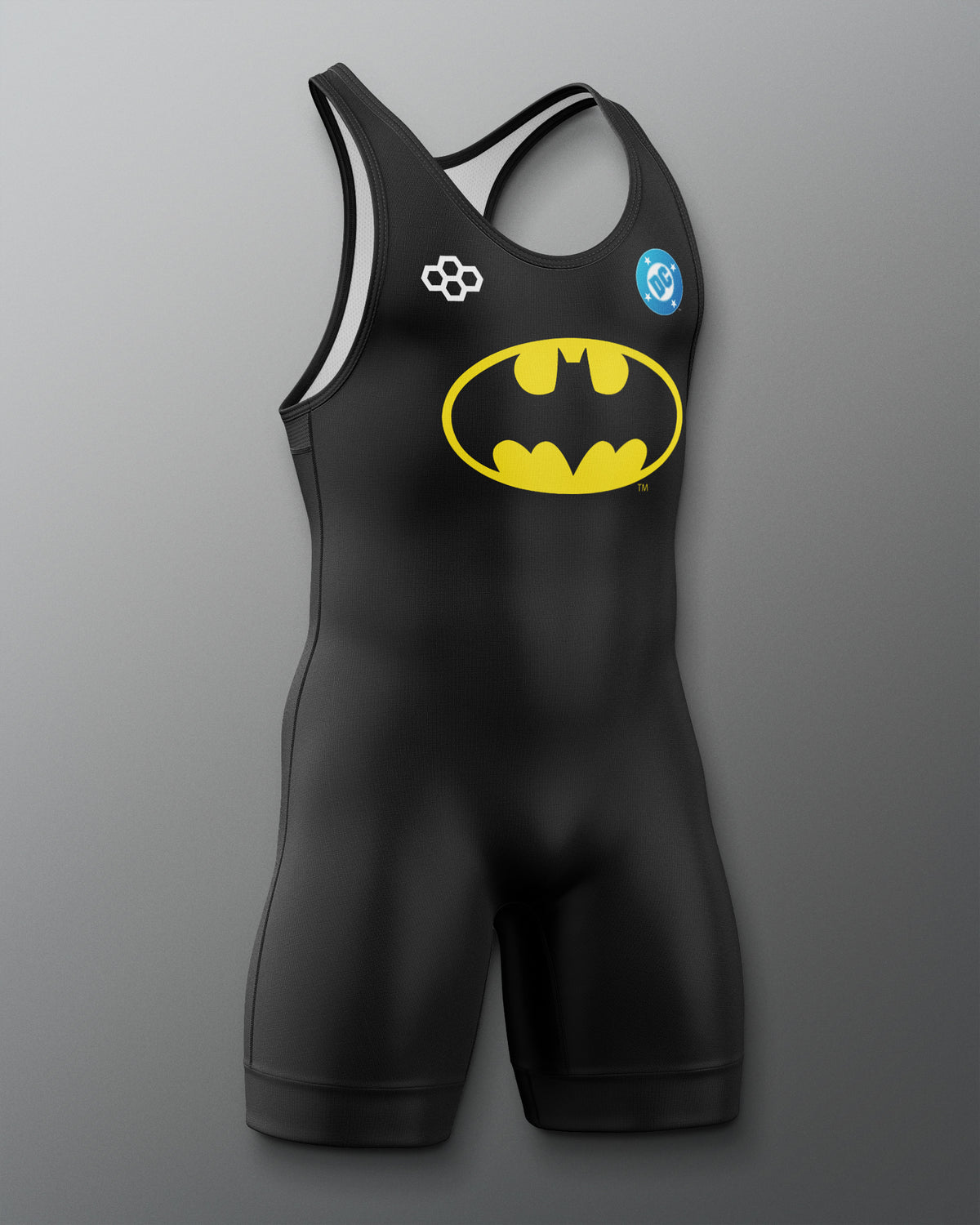 Angled front view of the black RUDIS Batman Logo Elite 2.0 wrestling singlet featuring the yellow Batman logo and DC emblem.