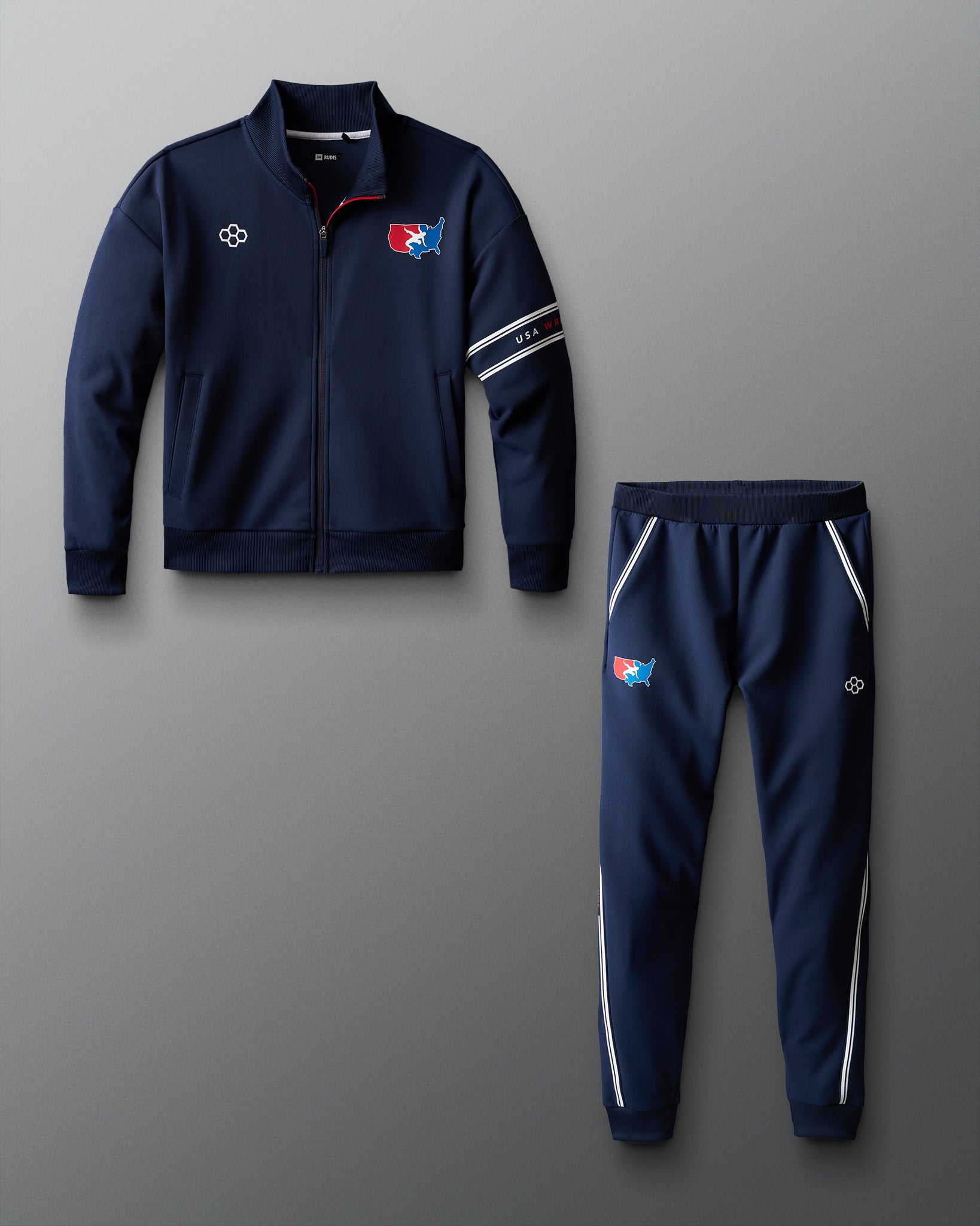 Navy tracksuit with logo on a gradient background