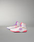White wrestling shoes with colorful accents on a gray background