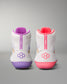 White wrestling shoes with purple and pink soles on a gray background