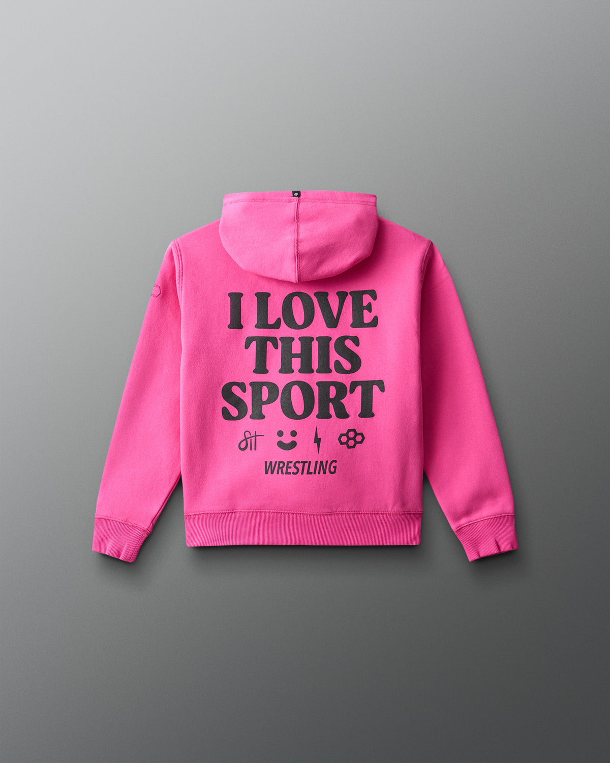Pink hoodie with 'I Love This Sport Wrestling' text on the back against a gray background