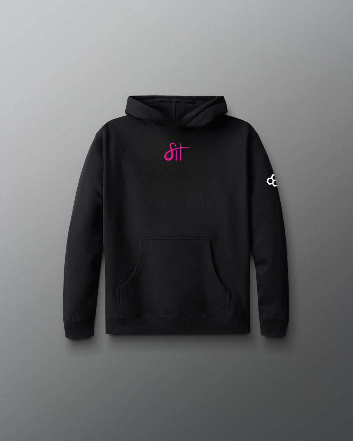 Black hoodie with pink logo on a gray background