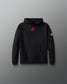 Black hoodie with pink logo on a gray background