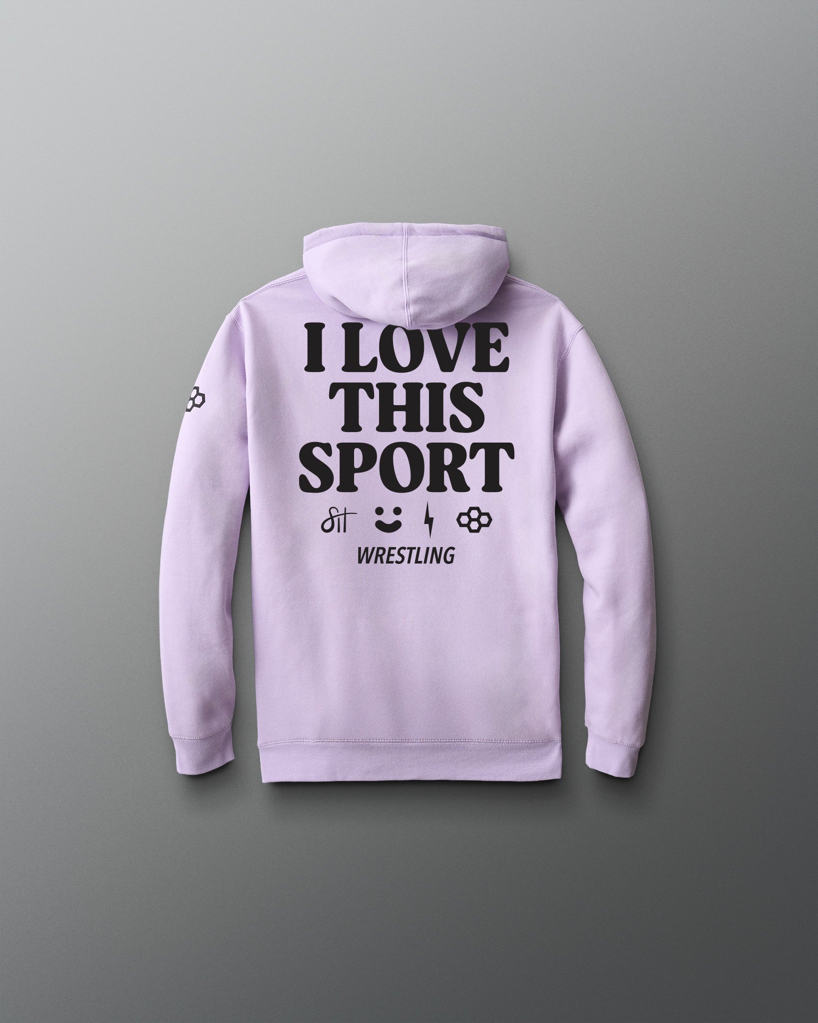 Light purple hoodie with 'I Love This Sport' text on the back against a gray background