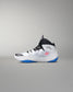 White wrestling shoe with black and blue accents on a gray background