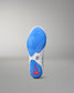 Sole of a wrestling shoe with blue outsole and red logo on a gray background