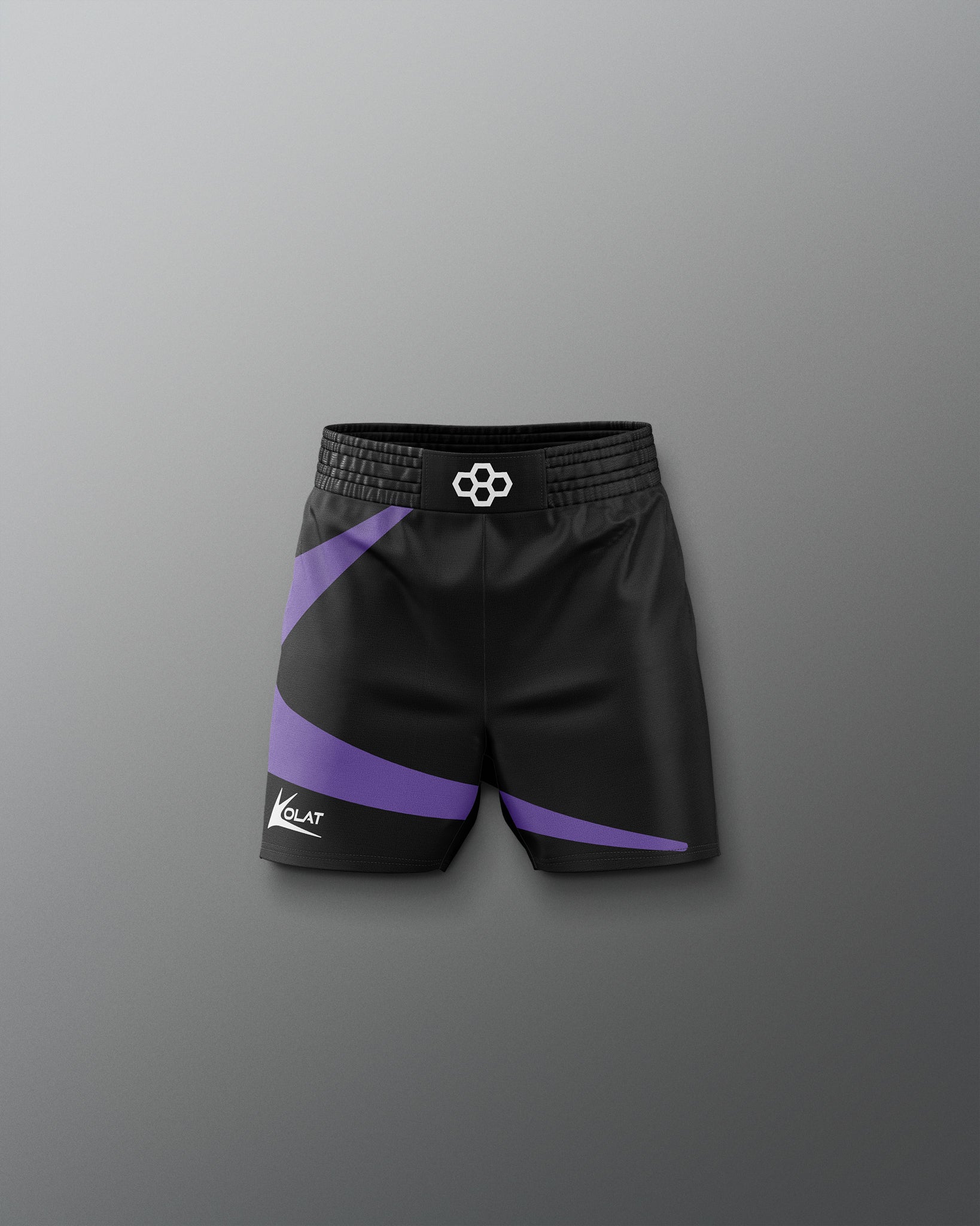 Black shorts with purple accents on a gray background