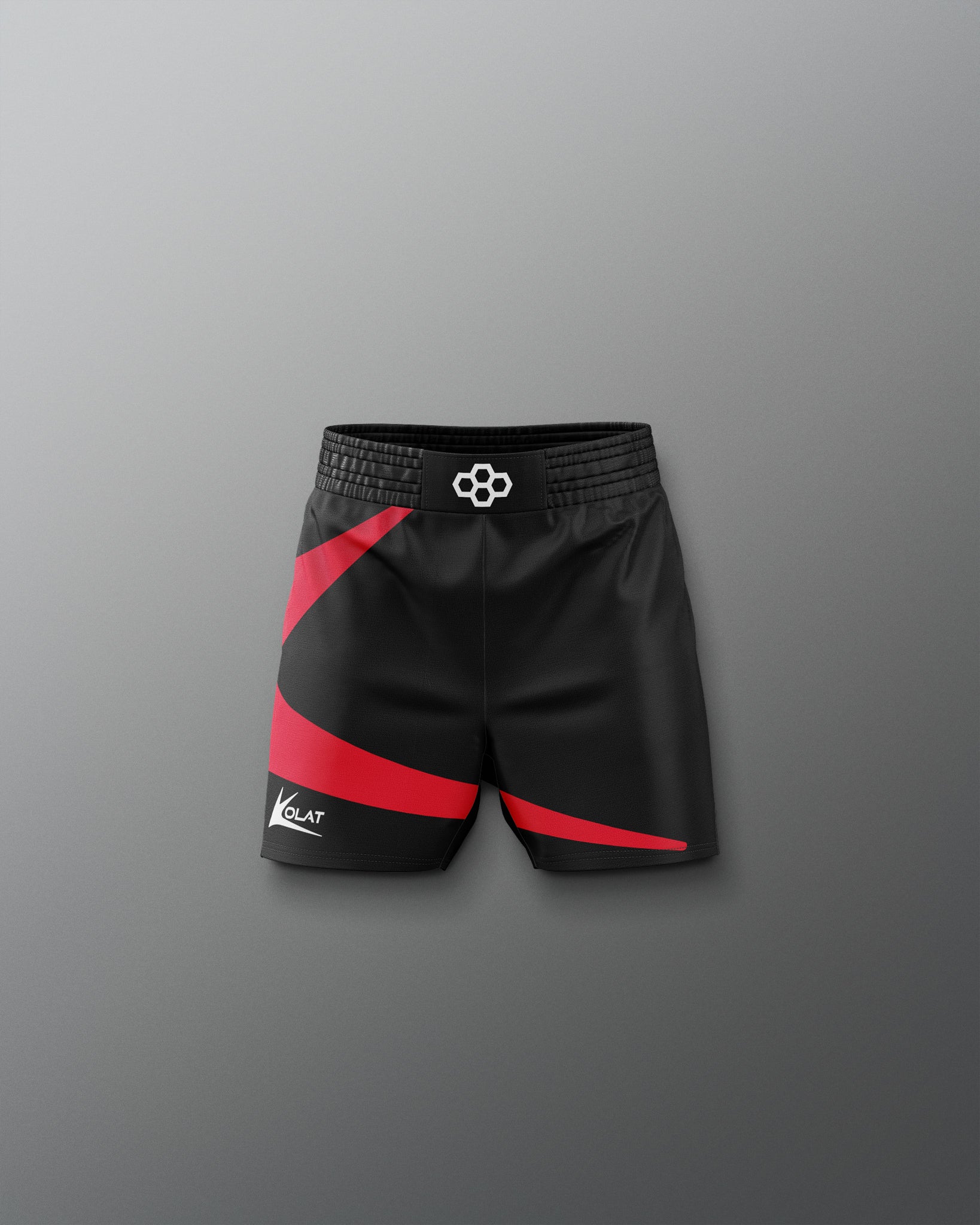 Black and red shorts with a 'Kolat' logo on a gray background