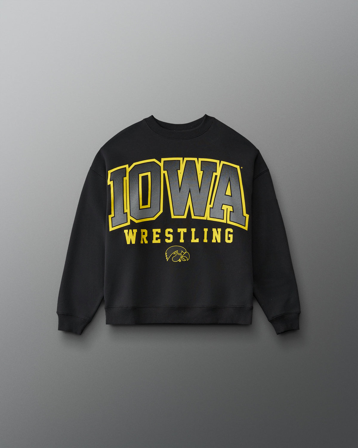 RUDIS Iowa Hawkeyes Youth Relaxed Comfort Fleece Crewneck in Black, front view featuring bold gray and gold Iowa Wrestling lettering and Hawkeyes logo.