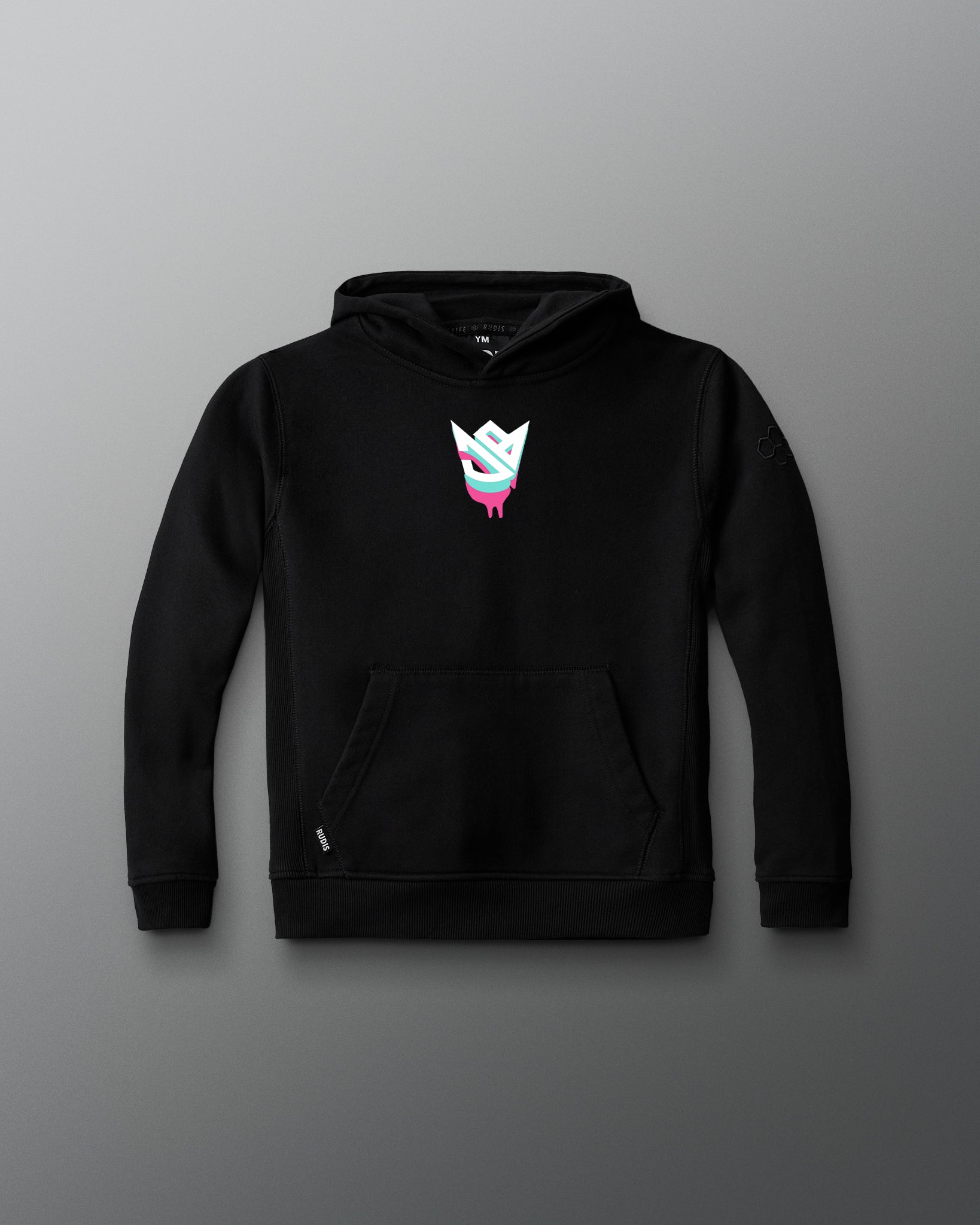 Black hoodie with a graphic design on a gray background