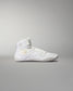 High-top white athletic shoe with intricate detailing, a padded collar for support, and a textured sole for grip, accentuated by gold elements against a soft gray background.