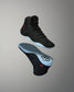 RUDIS JB1 Youth Wrestling Shoes in Dark Shark shown from upper and outsole angles, highlighting the black construction, red RUDIS accents, and light blue traction outsole.