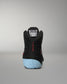 RUDIS JB1 Youth Wrestling Shoe in Dark Shark shown from the rear, featuring the padded high-top collar, tonal JB branding, red All I See Is Gold detail, and light blue heel outsole.