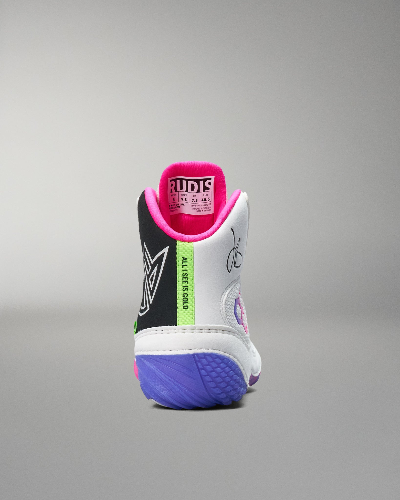 wrestling shoe with colorful design on a gray background