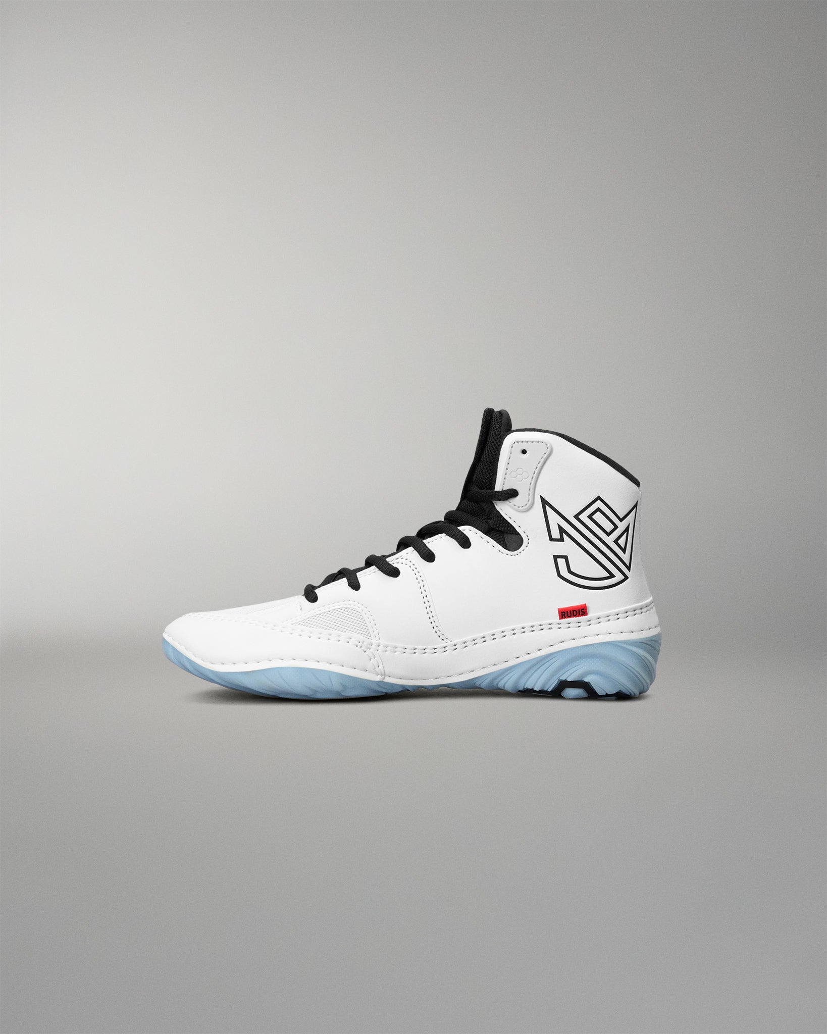 A high-top white wrestling shoes with black laces, a black and white graphic on the heel, and a light blue translucent outsole, shown in profile against a neutral gray background.