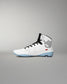 A high-top white wrestling shoes with black laces, a black and white graphic on the heel, and a light blue translucent outsole, shown in profile against a neutral gray background.