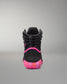 A high-top black wrestling shoe shown from the rear, featuring vibrant hot pink accents on the midsole, outsole, and heel logo, with 'RUDE' printed on the back.