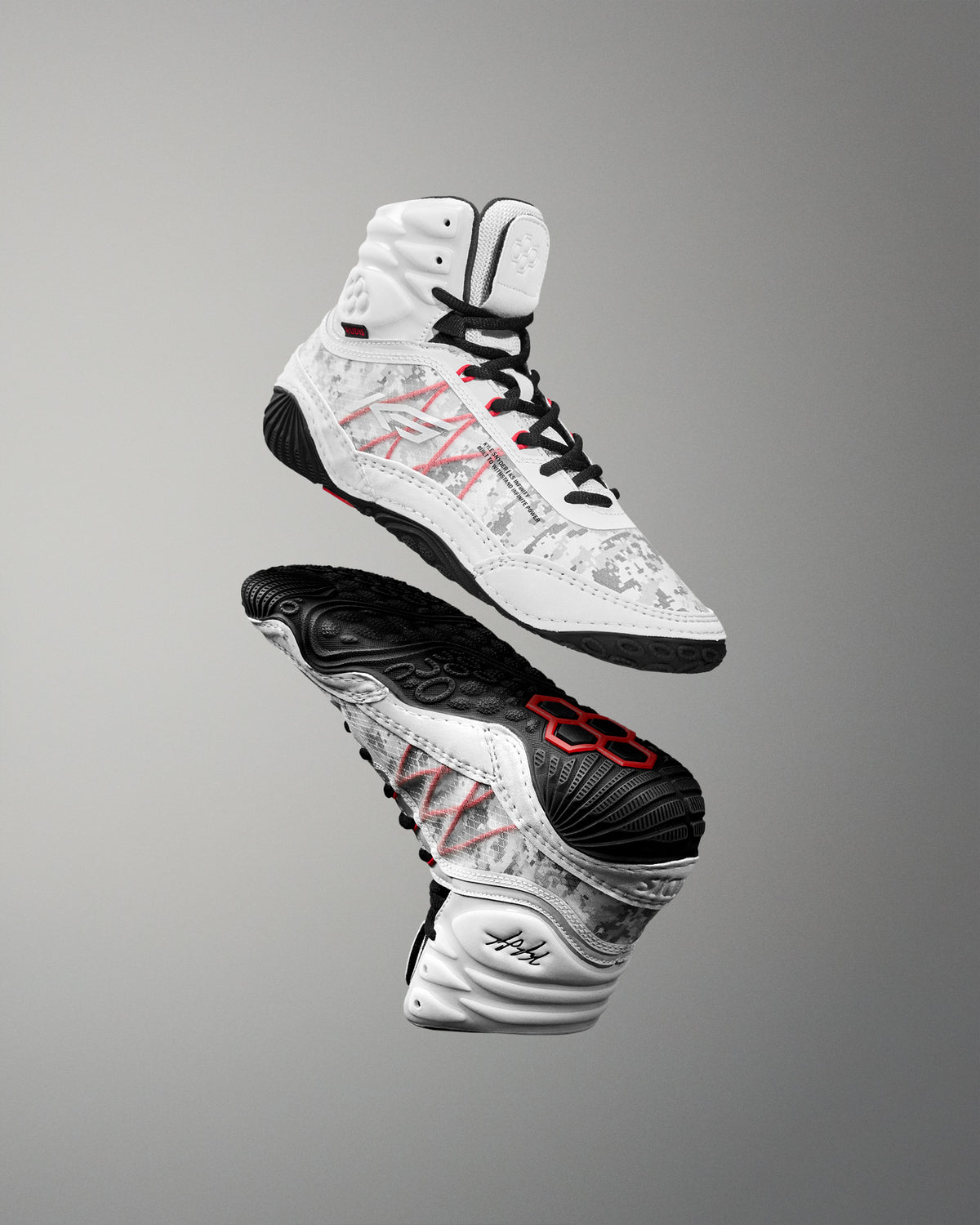RUDIS tactical gray wrestling shoes with digital camo detailing, black grip sole, and red performance accents