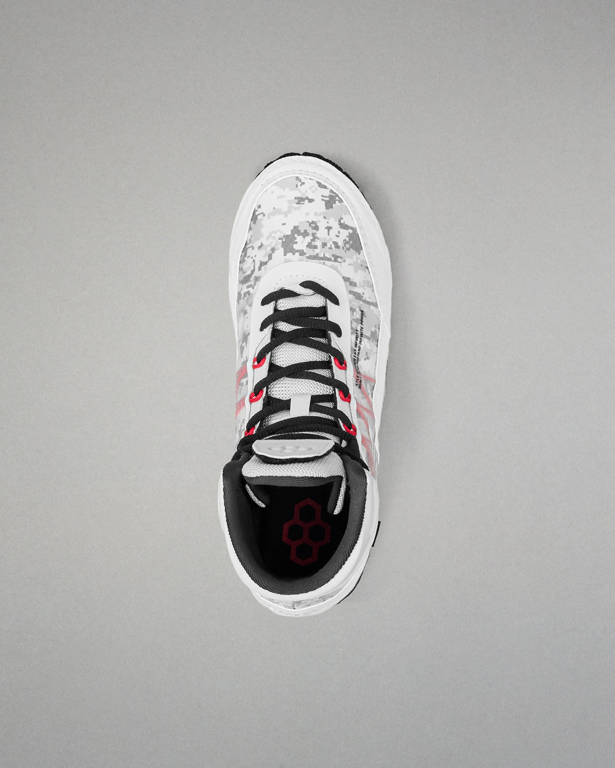 Top-down view of RUDIS Infinity Edge wrestling shoe in tactical gray with black laces and red performance eyelets