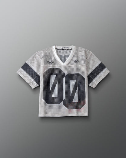 Youth RUDIS Resolute Throwback lacrosse jersey in white mesh featuring a V-neck, black sleeve stripes, oversized "00" front number, Rocket logo, RUDIS logo, and breathable athletic construction.