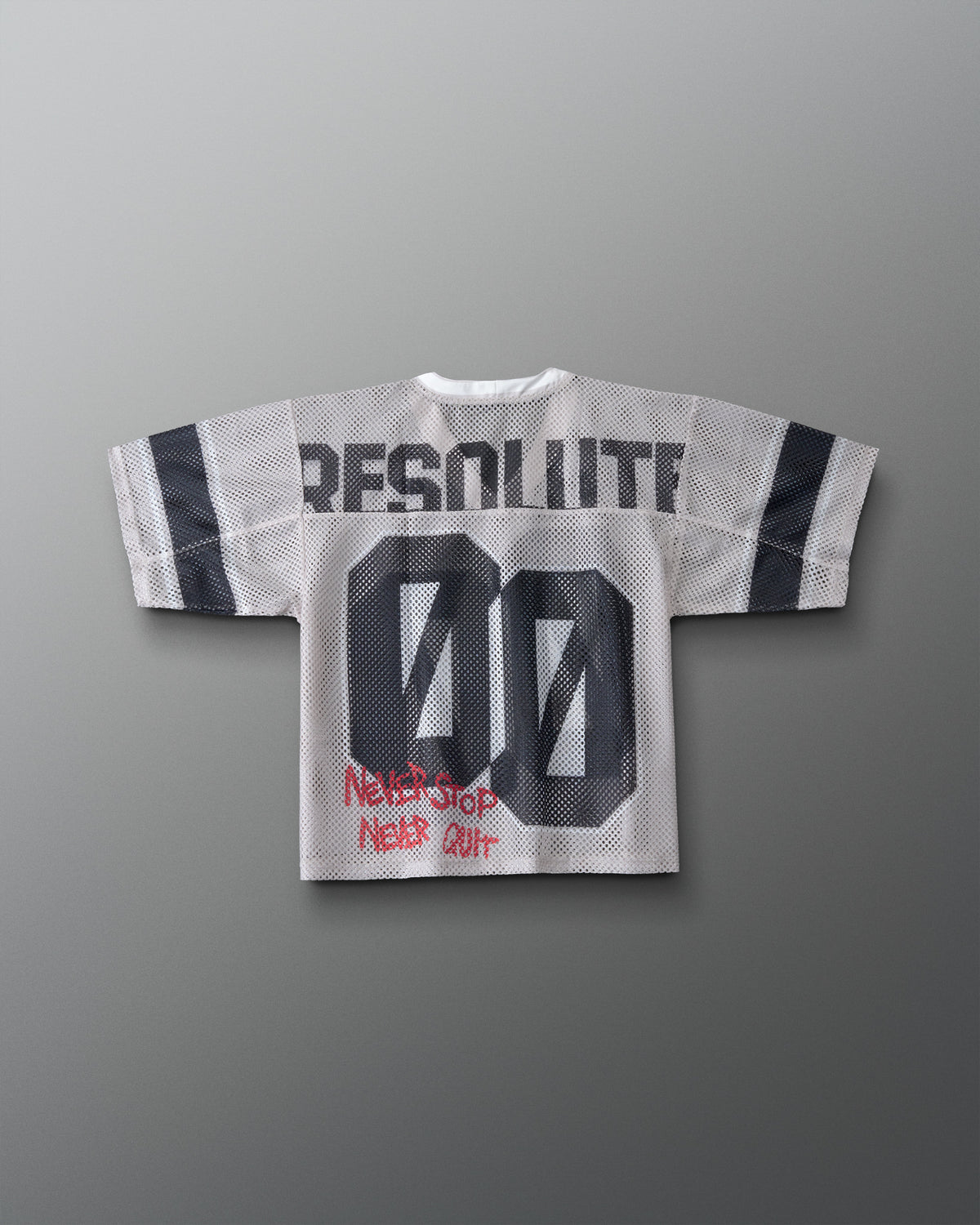 Back of the Youth RUDIS Resolute Throwback lacrosse jersey in white mesh with black sleeve stripes, oversized "00" number, "RESOLUTE" nameplate, and red "Never Stop Never Quit" graphic near the hem.