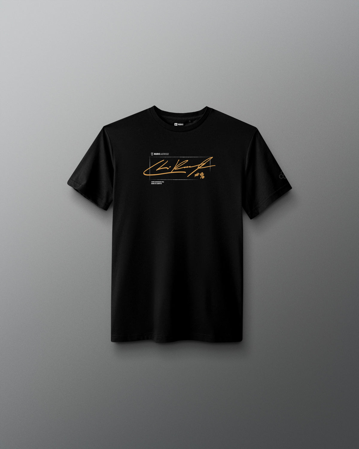 A black short-sleeve crewneck t-shirt with a gold and white graphic print on the chest, displayed against a dark gray gradient background.