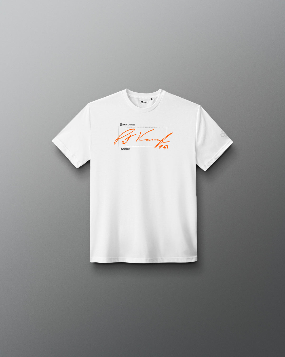 A white short-sleeve crewneck t-shirt with a graphic print on the chest, featuring an orange script signature and small black text, displayed against a dark gray gradient background.
