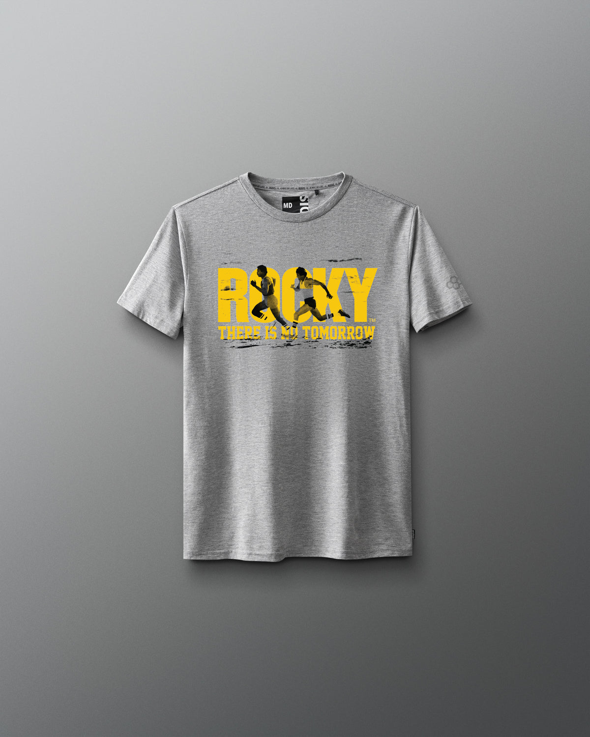 Gray t-shirt with 'Rocky' graphic design on a gray background