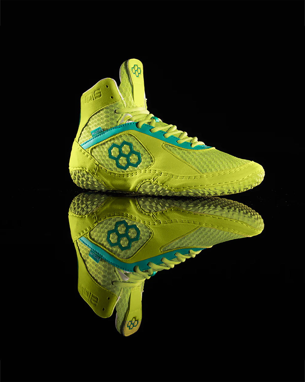 A vibrant pair of yellow sports shoes with turquoise accents featuring a high-top design and textured sole for enhanced grip and support during athletic activities