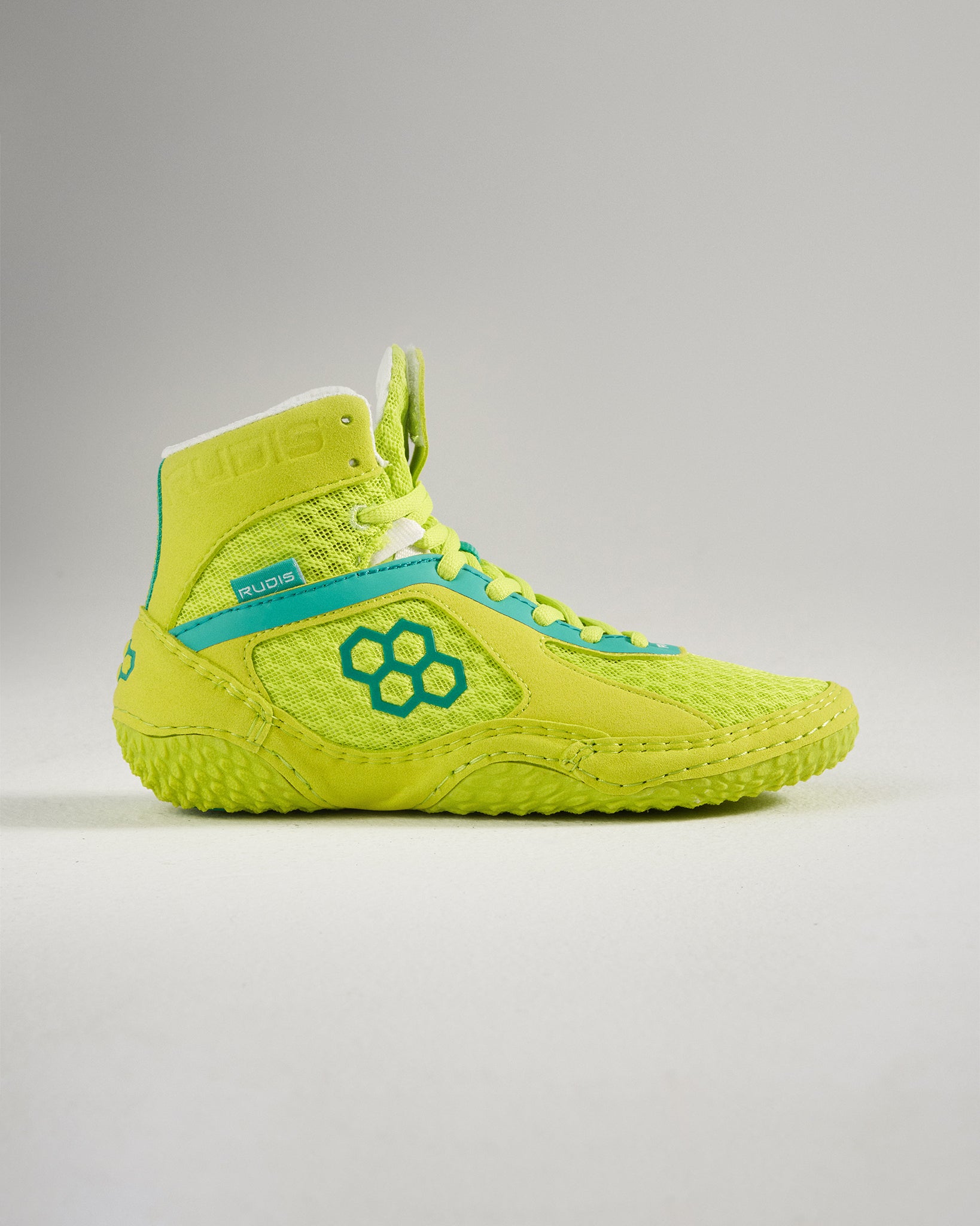 Bright yellow wrestling shoes with turquoise accents and a unique design ideal for performance in the sport