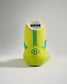 A vibrant yellow athletic shoe featuring a unique textured sole and blue accents designed for optimal performance in sports